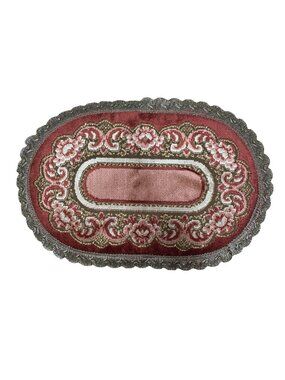 Vintage Wedgwood Oval Tapestry Doll Rug  9X13 Red & Gold Floral Doily Belgium